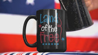 Load and play video in Gallery viewer, Land of the Free 4th of July Fourth Born in the USA Black Ceramic Coffee Mug | 1776 America Independence Day Star Spangled Banner Drinkware