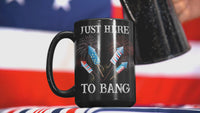 Load and play video in Gallery viewer, Just Here to Bang 4th of July Fourth Born in the USA Black Ceramic Coffee Mug | 1776 America Independence Day Star Spangled Banner Drinkware
