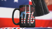 Load and play video in Gallery viewer, Party Like It's 1776 4th of July Fourth Black Ceramic Coffee Tea Mug Born in the USA America Independence Day Star Spangled Banner Drinkware