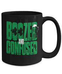 Load image into Gallery viewer, Boozed and Confused St. Patrick’s Day Black Ceramic Coffee Tea Mug | Lucky Leprechaun Emerald Green Rainbow Clover Potinn Drinkware - CrazyFamilyLove