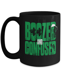 Load image into Gallery viewer, Boozed and Confused St. Patrick’s Day Black Ceramic Coffee Tea Mug | Lucky Leprechaun Emerald Green Rainbow Clover Potinn Drinkware - CrazyFamilyLove