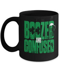 Load image into Gallery viewer, Boozed and Confused St. Patrick’s Day Black Ceramic Coffee Tea Mug | Lucky Leprechaun Emerald Green Rainbow Clover Potinn Drinkware - CrazyFamilyLove