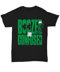 Load image into Gallery viewer, Boozed and Confused St. Patrick’s Day Black Graphic Tshirt Teeshirt | Leprechaun Emerald Green Potinn Rainbow Clover Cotton Shirt - CrazyFamilyLove
