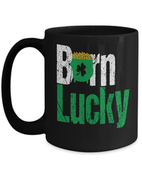 Load image into Gallery viewer, Born Lucky St. Patrick’s Day Black Ceramic Coffee Tea Mug | Leprechaun Emerald Green Rainbow Clover Potinn Drinkware - CrazyFamilyLove