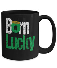 Load image into Gallery viewer, Born Lucky St. Patrick’s Day Black Ceramic Coffee Tea Mug | Leprechaun Emerald Green Rainbow Clover Potinn Drinkware - CrazyFamilyLove
