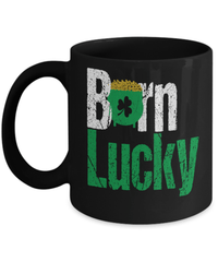 Load image into Gallery viewer, Born Lucky St. Patrick’s Day Black Ceramic Coffee Tea Mug | Leprechaun Emerald Green Rainbow Clover Potinn Drinkware - CrazyFamilyLove
