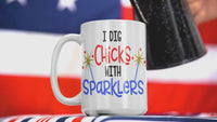 Load and play video in Gallery viewer, I Dig Chicks w/ Sparklers 4th of July Fourth Born in the USA Ceramic Coffee Mug 1776 America Independence Day Star Spangled Banner Drinkware