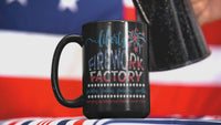 Load and play video in Gallery viewer, Liberty Firework Factory 4th of July Fourth Born in the USA Black Ceramic Coffee Tea Mug | 1776 America Independence Day Banner Drinkware