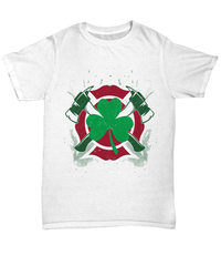 Load image into Gallery viewer, Fireman Firefighter Axes St. Patrick’s Day Graphic Tshirt Teeshirt | Lucky Leprechaun Emerald Green Potinn Rainbow Clover Cotton Shirt - CrazyFamilyLove
