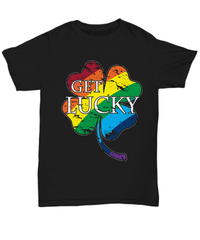 Load image into Gallery viewer, Get Lucky Rainbow Clover St. Patrick’s Day Black Graphic Tshirt Teeshirt | Lucky Leprechaun Emerald Green Potinn Cotton Shirt - CrazyFamilyLove