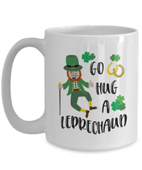Load image into Gallery viewer, Go Hug a Leprechaun St. Patrick’s Day Ceramic Coffee Tea Mug | Lucky Leprechaun Emerald Green Rainbow Clover Potinn Drinkware - CrazyFamilyLove