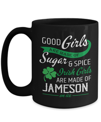 Load image into Gallery viewer, Good Girls Made of Sugar &amp; Spice St. Patrick’s Day Black Ceramic Coffee Mug | Lucky Leprechaun Emerald Green Rainbow Clover Potinn Drinkware - CrazyFamilyLove