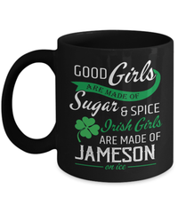 Load image into Gallery viewer, Good Girls Made of Sugar &amp; Spice St. Patrick’s Day Black Ceramic Coffee Mug | Lucky Leprechaun Emerald Green Rainbow Clover Potinn Drinkware - CrazyFamilyLove