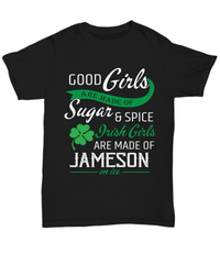 Load image into Gallery viewer, Good Girls Made of Sugar &amp; Spice St. Patrick’s Day Black Graphic Tshirt | Lucky Leprechaun Emerald Green Rainbow Clover Potinn Cotton Shirt - CrazyFamilyLove