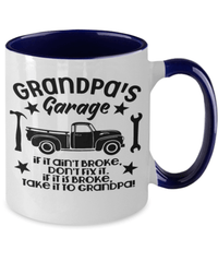 Load image into Gallery viewer, Grandpa's Garage If Ain't Broke 2 Tone Coffee Mug Grandfather Grandad Papaw Bday - CrazyFamilyLove