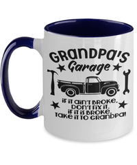 Load image into Gallery viewer, Grandpa's Garage If Ain't Broke 2 Tone Coffee Mug Grandfather Grandad Papaw Bday - CrazyFamilyLove