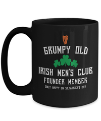 Load image into Gallery viewer, Grumpy Old Irish Men's Club St. Patrick’s Day Black Ceramic Coffee Tea Mug | Lucky Leprechaun Emerald Green Rainbow Clover Potinn Drinkware - CrazyFamilyLove