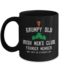 Load image into Gallery viewer, Grumpy Old Irish Men's Club St. Patrick’s Day Black Ceramic Coffee Tea Mug | Lucky Leprechaun Emerald Green Rainbow Clover Potinn Drinkware - CrazyFamilyLove