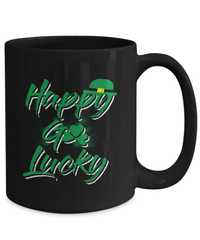 Load image into Gallery viewer, Happy Go Lucky St. Patrick’s Day Black Ceramic Coffee Tea Mug | Leprechaun Emerald Green Rainbow Clover Potinn Drinkware - CrazyFamilyLove