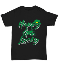 Load image into Gallery viewer, Happy Go Lucky St. Patrick’s Day Black Graphic Tshirt Teeshirt | Leprechaun Emerald Green Rainbow Clover Potinn Short Sleeve Cotton Shirt - CrazyFamilyLove