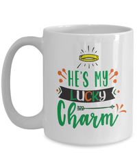 Load image into Gallery viewer, He's My Lucky Charm St. Patrick’s Day Ceramic Coffee Tea Mug | Lucky Leprechaun Emerald Green Irish Rainbow Shamrock Clover Potinn Drinkware - CrazyFamilyLove