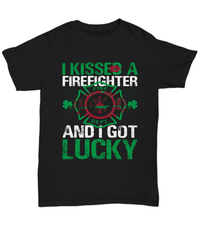 Load image into Gallery viewer, I Kissed a Firefighter St. Patrick’s Day Black Graphic Tshirt Teeshirt | Lucky Leprechaun Emerald Green Rainbow Clover Potinn Cotton Shirt - CrazyFamilyLove