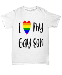 Load image into Gallery viewer, I Love My Gay Son LGBTQ Woman Man Gender Fluid Identity Tshirt FTM MTF Transgender Bisexual Two-Spirit Rainbow Pride Flag Cotton Shirt - CrazyFamilyLove