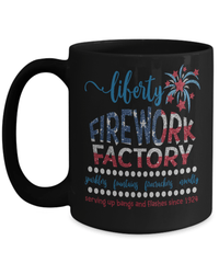 Load image into Gallery viewer, Liberty Firework Factory 4th of July Fourth Born in the USA Black Ceramic Coffee Tea Mug | 1776 America Independence Day Banner Drinkware - CrazyFamilyLove