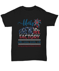 Load image into Gallery viewer, Liberty Firework Factory 4th of July Fourth Since Born in the USA Tshirt Tee | 1776 God Bless America Independence Day Cotton Teeshirt Shirt - CrazyFamilyLove