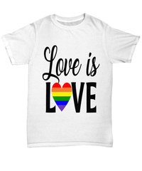 Load image into Gallery viewer, Love is Love LGBTQ Woman Man Gender Fluid Identity Tshirt FTM MTF Transgender Bisexual Two-Spirit Rainbow Pride Flag Cotton Shirt Teeshirt - CrazyFamilyLove