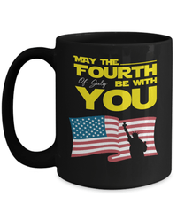 Load image into Gallery viewer, May the 4th of July Fourth Be With You Black Ceramic Coffee Tea Mug | 1776 Born in the USA America Independence Day Banner Drinkware - CrazyFamilyLove