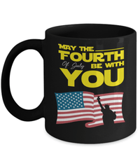 Load image into Gallery viewer, May the 4th of July Fourth Be With You Black Ceramic Coffee Tea Mug | 1776 Born in the USA America Independence Day Banner Drinkware - CrazyFamilyLove