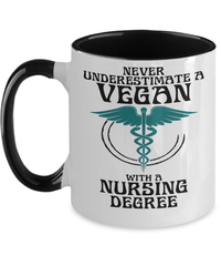 Load image into Gallery viewer, Never Underestimate a Vegan LPN RN ARNP Nurse Two Tone Coffee Tea Mug Drinkware - CrazyFamilyLove