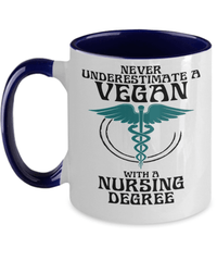 Load image into Gallery viewer, Never Underestimate a Vegan LPN RN ARNP Nurse Two Tone Coffee Tea Mug Drinkware - CrazyFamilyLove