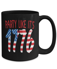 Load image into Gallery viewer, Party Like It's 1776 4th of July Fourth Black Ceramic Coffee Tea Mug Born in the USA America Independence Day Star Spangled Banner Drinkware - CrazyFamilyLove