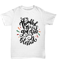 Load image into Gallery viewer, Thankful Grateful Blessed Thanksgiving Turkey Day Graphic Tshirt | Pumpkin Patch Autumn Fall Harvest Corn Stalk Maze Cotton Tee Shirt - CrazyFamilyLove