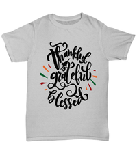 Load image into Gallery viewer, Thankful Grateful Blessed Thanksgiving Turkey Day Graphic Tshirt | Pumpkin Patch Autumn Fall Harvest Corn Stalk Maze Cotton Tee Shirt - CrazyFamilyLove